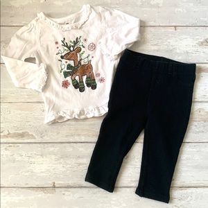 Girls 18m Christmas Holiday Outfit White Long Sleeve Reindeer Shirt Black Pants